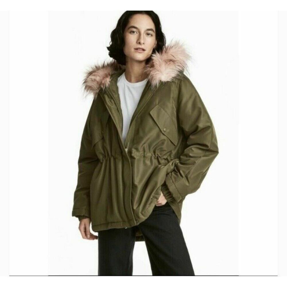 H&M Parka Jacket Women M Khaki Green Hood Faux Fur Trim Coat Full Zip Heritage